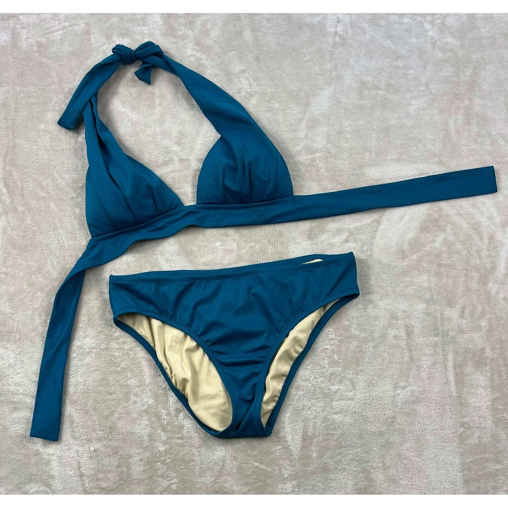 J.Crew Teal Blue Halter Wrap Bikini Set Size S Two Piece Swimsuit Made in USA